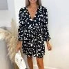 AX Paris Dresses Black And White Printed Long Sleeve V Neck Dress