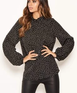 AX Paris Tops Black Spotty Pleated Frilled Neck Top 11 AX Paris Tops Black Spotty Pleated Frilled Neck Top
