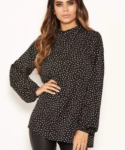 AX Paris Tops Black Spotty Pleated Frilled Neck Top 12 AX Paris Tops Black Spotty Pleated Frilled Neck Top