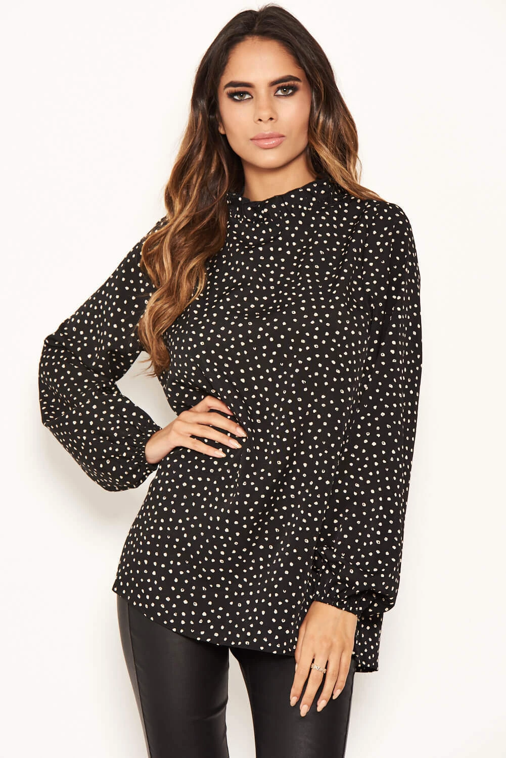 AX Paris Tops Black Spotty Pleated Frilled Neck Top 6 AX Paris Tops Black Spotty Pleated Frilled Neck Top