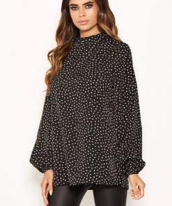 AX Paris Tops Black Spotty Pleated Frilled Neck Top 10 AX Paris Tops Black Spotty Pleated Frilled Neck Top