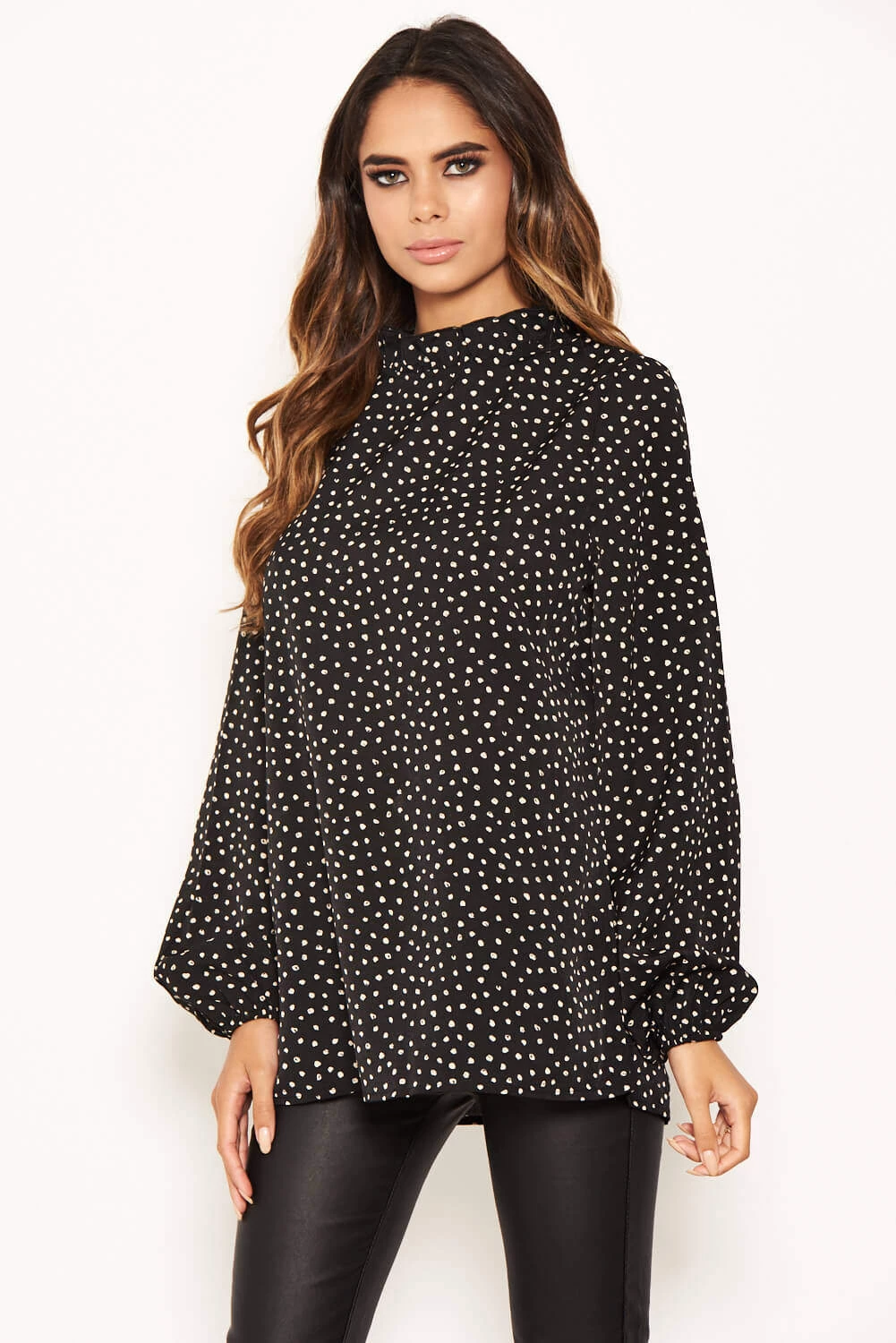 AX Paris Tops Black Spotty Pleated Frilled Neck Top 4 AX Paris Tops Black Spotty Pleated Frilled Neck Top