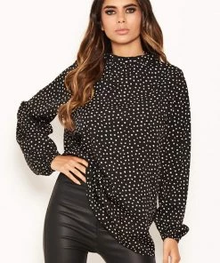 AX Paris Tops Black Spotty Pleated Frilled Neck Top
