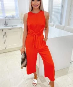AX Paris Blood Orange Tie Waist Jumpsuit