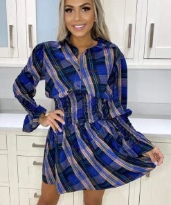 AX Paris Blue Checked Shirred Waist Shirt Dress