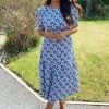 AX Paris Blue Floral Frill Sleeve Midi Dress