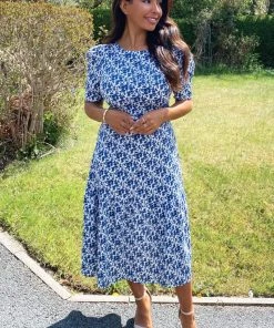 AX Paris Blue Floral Frill Sleeve Midi Dress