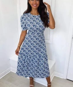 AX Paris Blue Floral Frill Sleeve Midi Dress