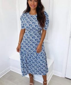 AX Paris Blue Floral Frill Sleeve Midi Dress