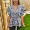 AX Paris Blue Floral Printed Wrap Over Top Tops