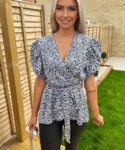 AX Paris Blue Floral Printed Wrap Over Top Tops