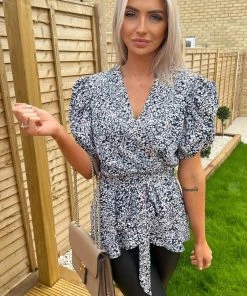 AX Paris Blue Floral Printed Wrap Over Top Tops