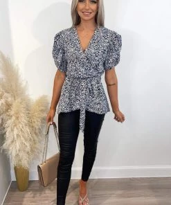 AX Paris Blue Floral Printed Wrap Over Top Tops