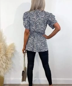 AX Paris Blue Floral Printed Wrap Over Top Tops