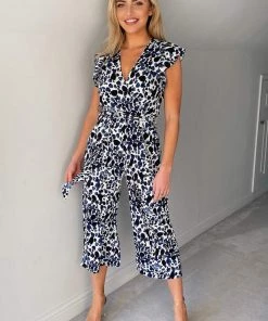 AX Paris Jumpsuits And Playsuits Blue Printed Belted Wrap Jumpsuit