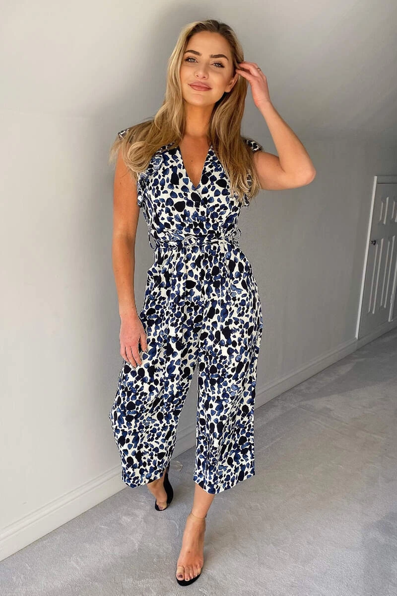 AX Paris Jumpsuits And Playsuits Blue Printed Belted Wrap Jumpsuit 4 AX Paris Jumpsuits And Playsuits Blue Printed Belted Wrap Jumpsuit