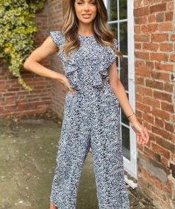 AX Paris Blue Printed Frill Front Jumpsuit Jumpsuits And Playsuits