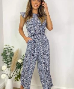 AX Paris Blue Printed Frill Front Jumpsuit Jumpsuits And Playsuits