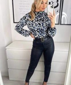 AX Paris Blue Printed Ruffle High Neck Top Tops