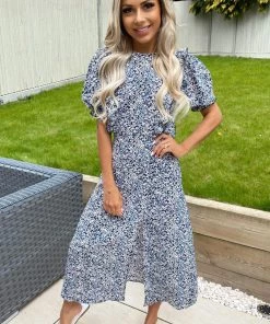 AX Paris Dresses Blue Printed Ruffle Split Leg Midi Dress