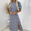 AX Paris Dresses Blue Printed Ruffle Split Leg Midi Dress