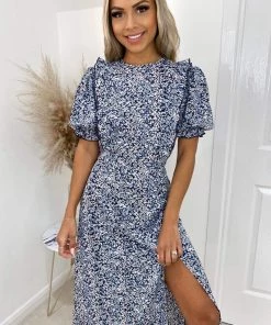 AX Paris Dresses Blue Printed Ruffle Split Leg Midi Dress