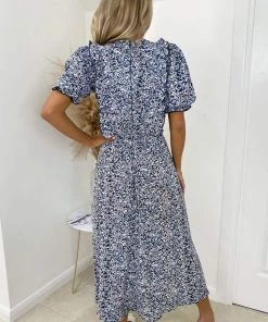 AX Paris Dresses Blue Printed Ruffle Split Leg Midi Dress