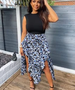 AX Paris Dresses Blue Printed Skirt 2 In 1 Midi Dress