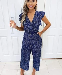 AX Paris Jumpsuits And Playsuits Blue Printed V-Neck Frill Jumpsuit