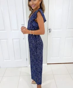 AX Paris Jumpsuits And Playsuits Blue Printed V-Neck Frill Jumpsuit