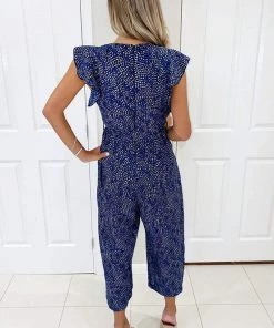 AX Paris Jumpsuits And Playsuits Blue Printed V-Neck Frill Jumpsuit