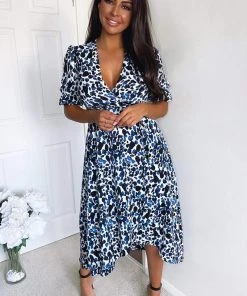 AX Paris Dresses Blue Printed Wrap Tie Midi Dress