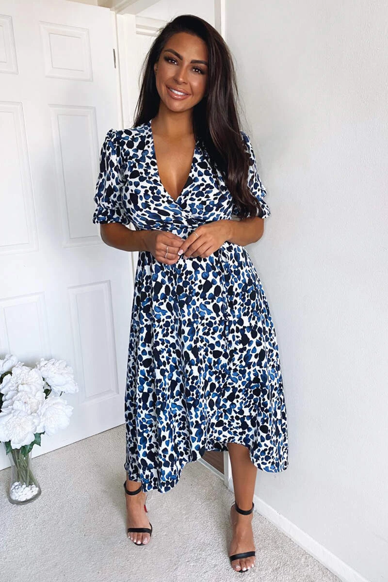 AX Paris Dresses Blue Printed Wrap Tie Midi Dress 1 AX Paris Dresses Blue Printed Wrap Tie Midi Dress