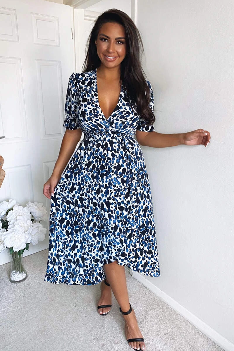 AX Paris Dresses Blue Printed Wrap Tie Midi Dress 2 AX Paris Dresses Blue Printed Wrap Tie Midi Dress