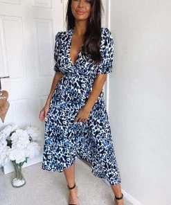 AX Paris Dresses Blue Printed Wrap Tie Midi Dress 8 AX Paris Dresses Blue Printed Wrap Tie Midi Dress
