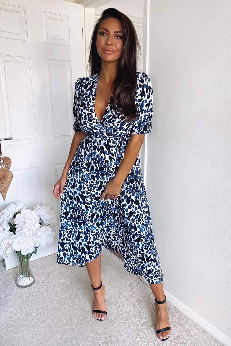 AX Paris Dresses Blue Printed Wrap Tie Midi Dress 3 AX Paris Dresses Blue Printed Wrap Tie Midi Dress