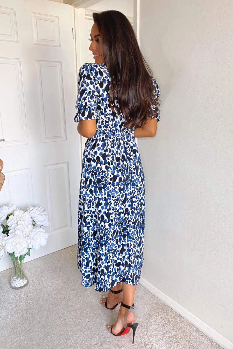 AX Paris Dresses Blue Printed Wrap Tie Midi Dress 4 AX Paris Dresses Blue Printed Wrap Tie Midi Dress