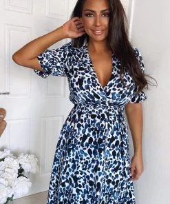 AX Paris Dresses Blue Printed Wrap Tie Midi Dress 10 AX Paris Dresses Blue Printed Wrap Tie Midi Dress
