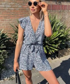 AX Paris Jumpsuits And Playsuits Blue Printed Wrap Tie Waist Playsuit