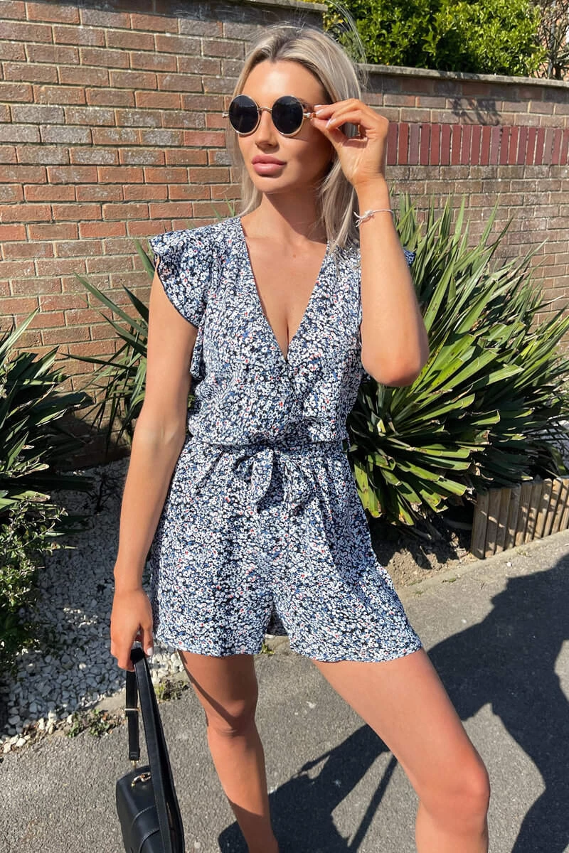 AX Paris Jumpsuits And Playsuits Blue Printed Wrap Tie Waist Playsuit 1 AX Paris Jumpsuits And Playsuits Blue Printed Wrap Tie Waist Playsuit