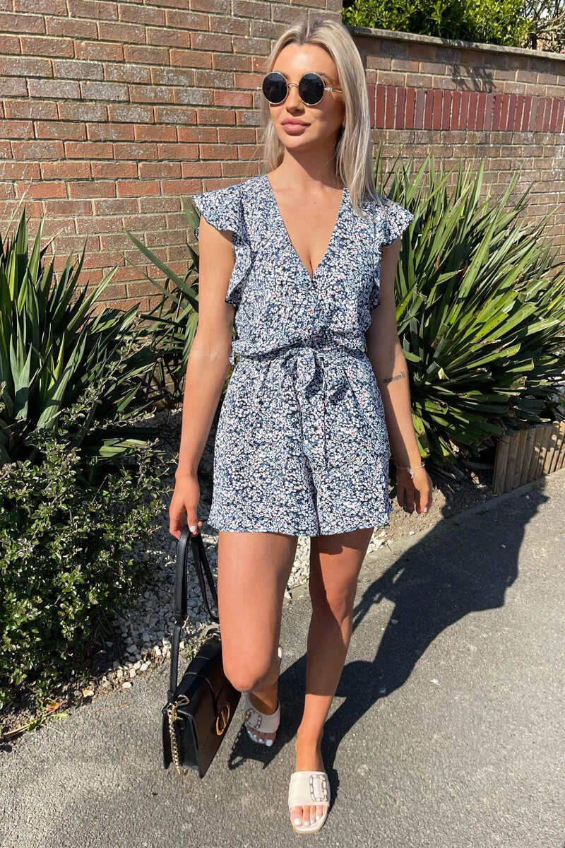 AX Paris Jumpsuits And Playsuits Blue Printed Wrap Tie Waist Playsuit 4 AX Paris Jumpsuits And Playsuits Blue Printed Wrap Tie Waist Playsuit
