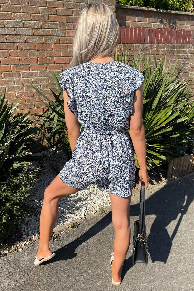 AX Paris Jumpsuits And Playsuits Blue Printed Wrap Tie Waist Playsuit 6 AX Paris Jumpsuits And Playsuits Blue Printed Wrap Tie Waist Playsuit