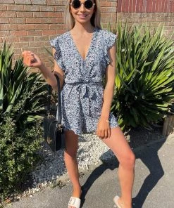 AX Paris Jumpsuits And Playsuits Blue Printed Wrap Tie Waist Playsuit