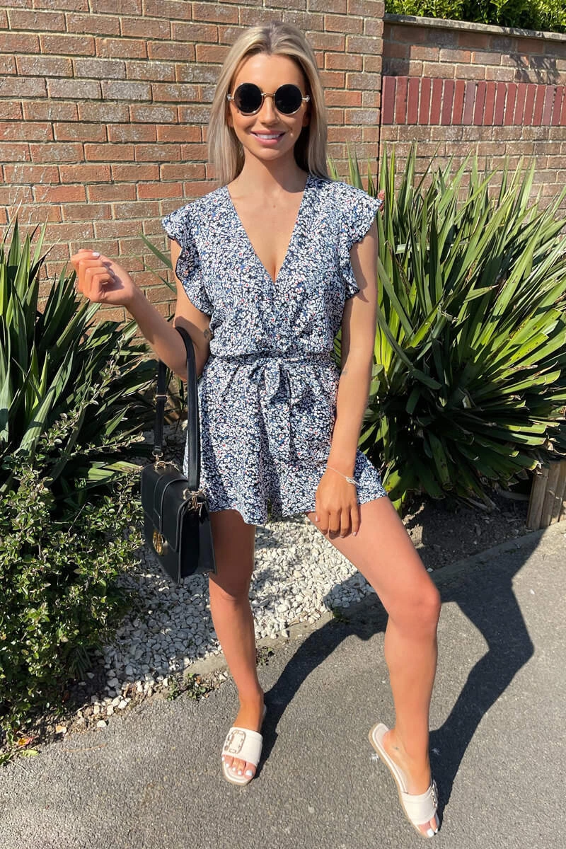 AX Paris Jumpsuits And Playsuits Blue Printed Wrap Tie Waist Playsuit 2 AX Paris Jumpsuits And Playsuits Blue Printed Wrap Tie Waist Playsuit