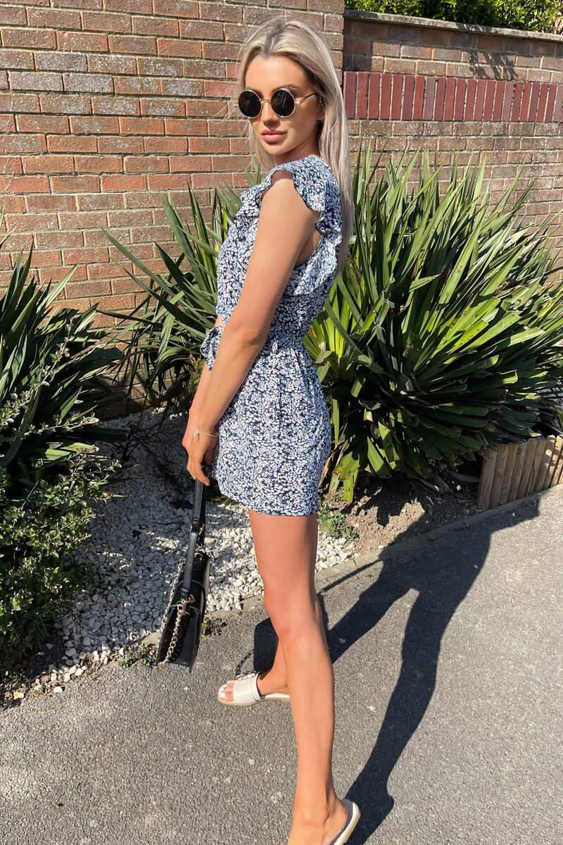 AX Paris Jumpsuits And Playsuits Blue Printed Wrap Tie Waist Playsuit 5 AX Paris Jumpsuits And Playsuits Blue Printed Wrap Tie Waist Playsuit