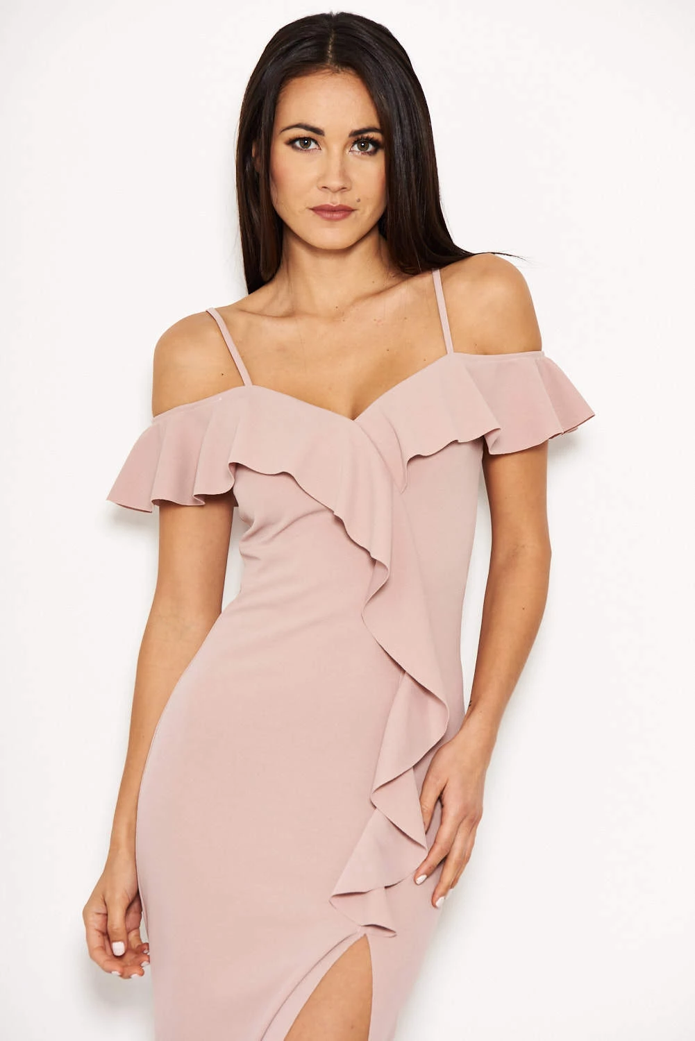 AX Paris Mushroom Cold Shoulder Frill Detail Split Dress 4 AX Paris Mushroom Cold Shoulder Frill Detail Split Dress