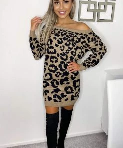 AX Paris Camel Animal Print Off The Shoulder Knitted Dress Dresses