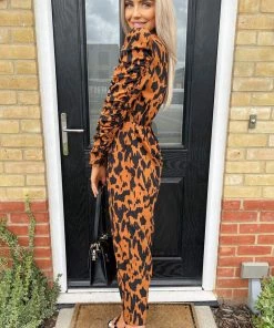 AX Paris Camel Animal Printed Ruched Sleeve Jumpsuit