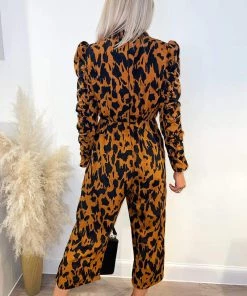 AX Paris Camel Animal Printed Ruched Sleeve Jumpsuit