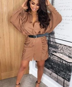 AX Paris Dresses Camel Balloon Sleeve Ruched Shirt Dress